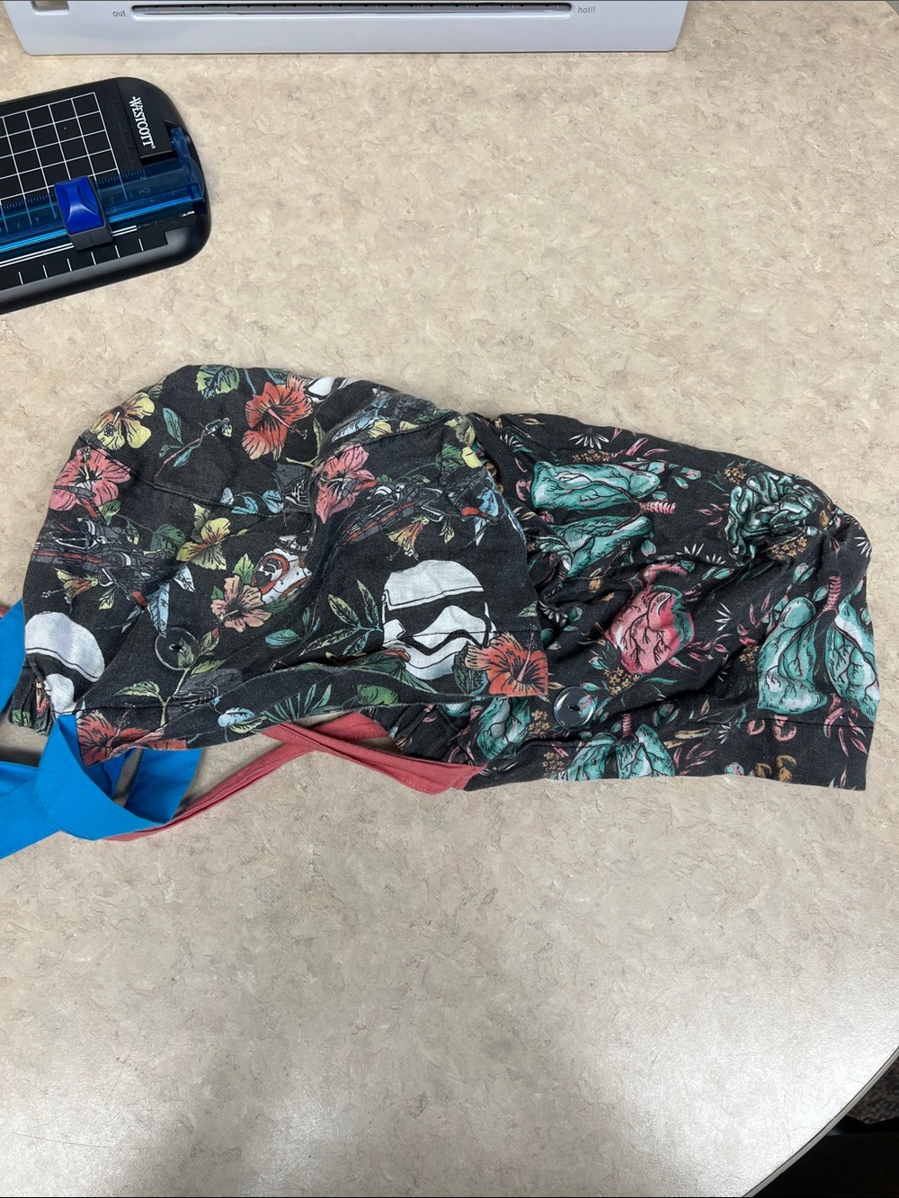 Floral & Stormtrooper Print Scrub Cap - Black with Teal & Coral Flowers